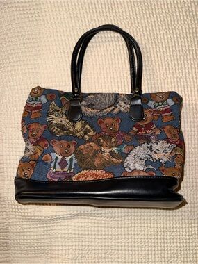 Tapestry Tote Bag with Bear & Cat Motif - Black Handles